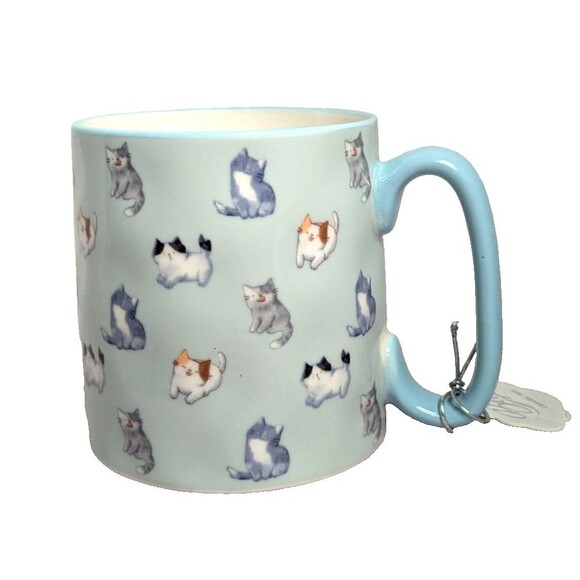 10 Strawberry Street Bella Catface Blue Coffee Mug Cat Print 16-oz Gift Tag NEW - Picture 3 of 7